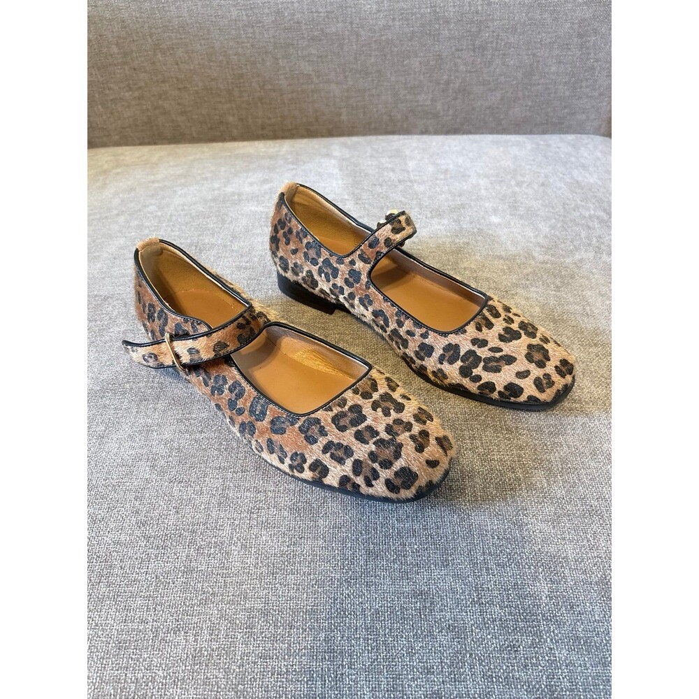 Women's Leopard Print square toe Ballet Flats with Strap Size 8